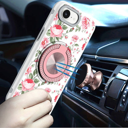 For Apple iPhone 16e Pattern Design Hybrid with Invisible Ring Stand & Magnetic Back, Shockproof Protective Grip Case Cover Red Flowers