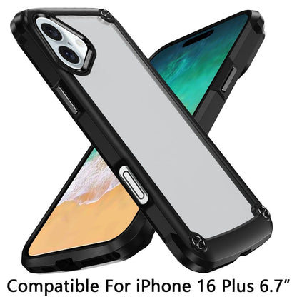 For Apple iPhone 16 Plus Hybrid Transparent Rubber with Metal Buttons & Camera Edges Hard TPU Corner Frame Bumper Case Cover Black