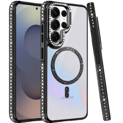 Phone Case for Samsung Galaxy S25 Ultra Luxury Diamond Bling Edged Magnetic Glitter Shockproof Hybrid with Camera Kickstand Durable Grip Cover