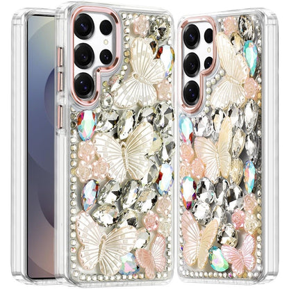 For Samsung Galaxy S23 Ultra 3D Diamond Floral Butterfly Bling Stone Hybrid, Sparkly Rhinestone Gemstone Back Shockproof Case Cover