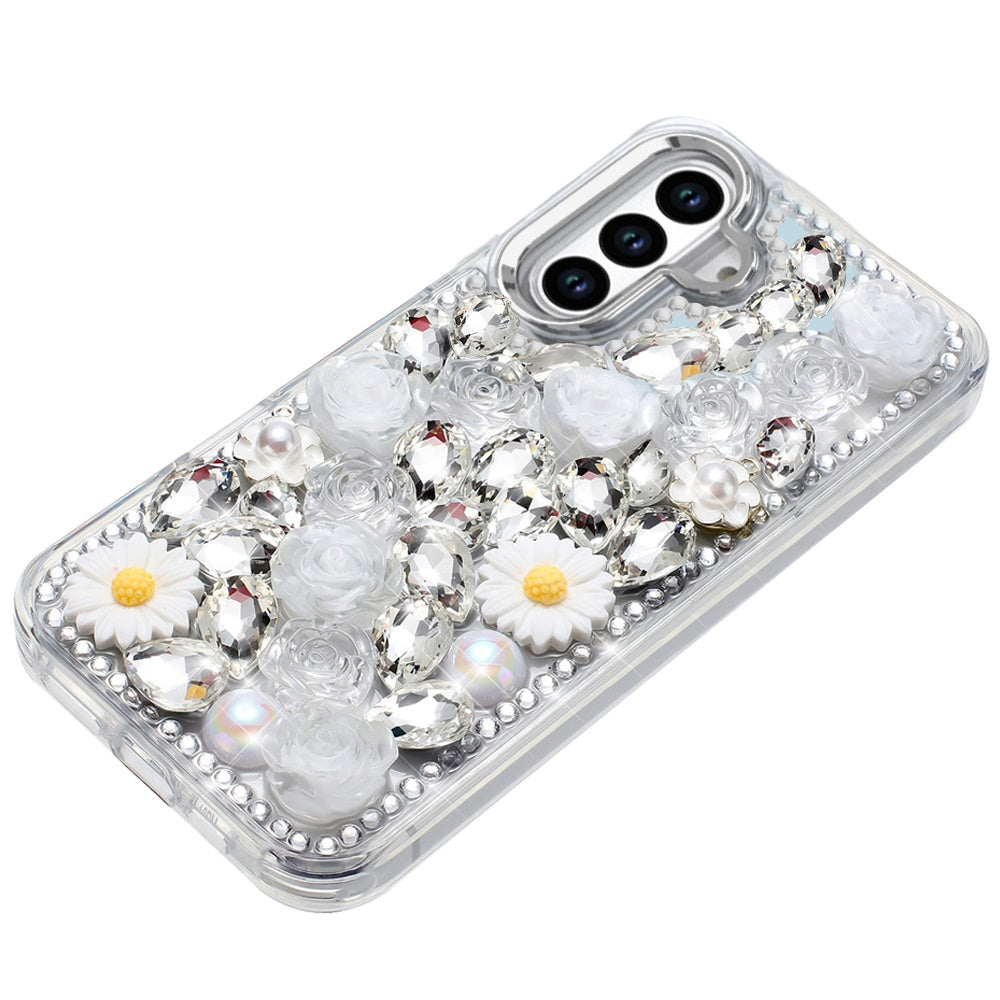 For Samsung Galaxy S25 FE, S25 Fan Edition Fashion Daisy Floral Series, Full 3D Bling Crystal Diamonds Sparkling Rhinestone Glitter Hybrid Design Case Cover Pink