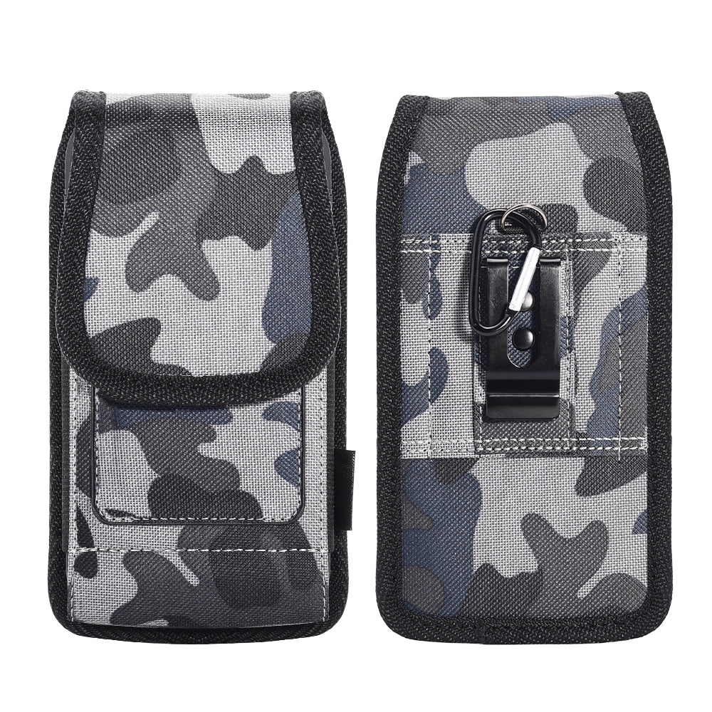 For Apple iPhone 16 Pro (6.3") Universal Pouch Case Vertical Phone Holster Camo Print with Card Slots, Pen Holder, Belt Clip Loop & Hook Cover [Grey Blue Camouflage]