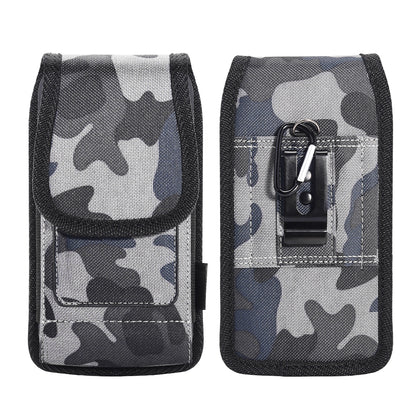 For Apple iPhone 16 Pro (6.3") Universal Pouch Case Vertical Phone Holster Camo Print with Card Slots, Pen Holder, Belt Clip Loop & Hook Cover [Grey Blue Camouflage]