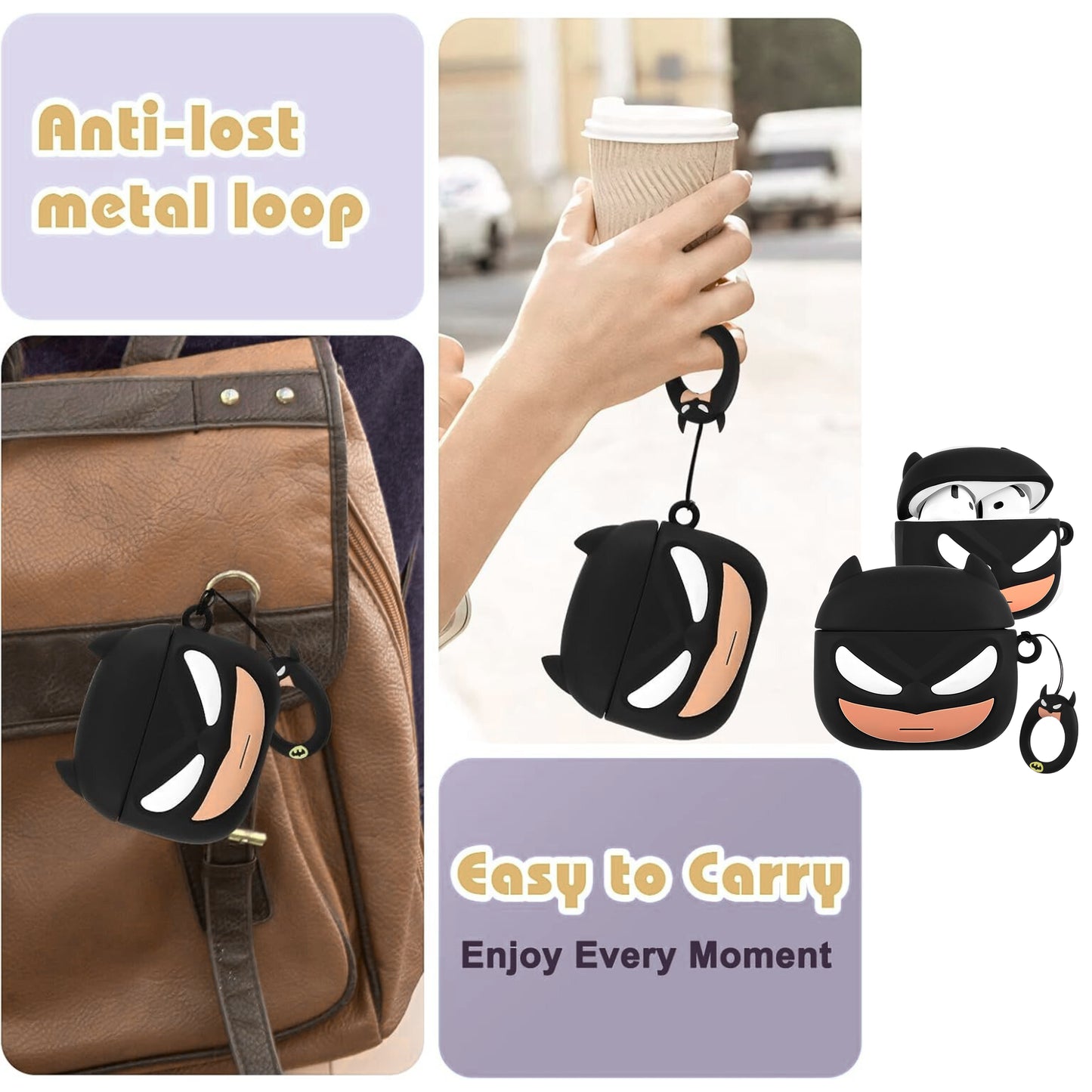 For Airpods Pro 3 Hybrid Cute 3D Fun Design Silicone Skin Cartoon Animal with Keychain Buckle Holder Rubber TPU Soft Case Cover Super Bat