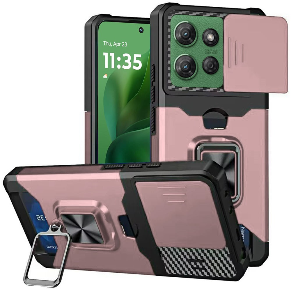 For Motorola Moto G Power 5G 2025 Wallet Case with Ring Stand & Slide Camera Cover Back Credit Card Slot Holder, Military Grade Case Cover Rose Gold