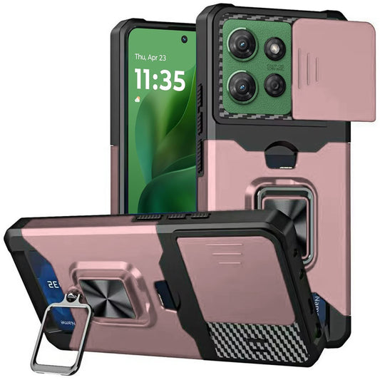 For Motorola Moto G 5G /Moto G 2025 Wallet Case with Ring Stand & Slide Camera Cover Back Credit Card Slot Holder, Military Grade Case Cover Rose Gold