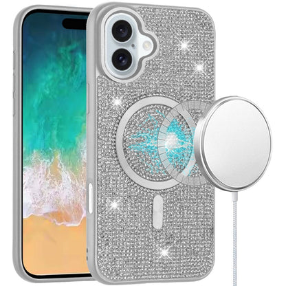 For Apple iPhone 16 Plus (6.7") Diamond Sparkly Bling Design Rhinestone Hybrid Skin TPU with Magnetic Circle MagSafe Compatible Case Cover