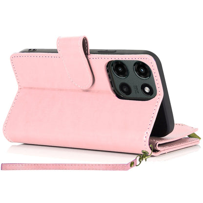 For Motorola Edge 2025 Leather Wallet Case with Zipper, 9 Card Slots, Cash Pocket, Stand & Strap, Clutch Pouch Design Case Cover Rose Gold