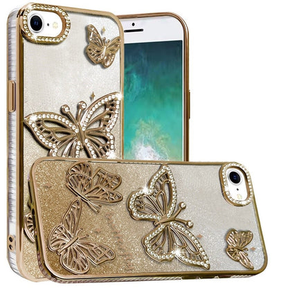 For Apple iPhone 17E /16E Luxury Butterfly Sparkle Glitter Diamond Crystal Rhinestone Shimmer Bling Plating Thick TPU Hard PC Case Cover