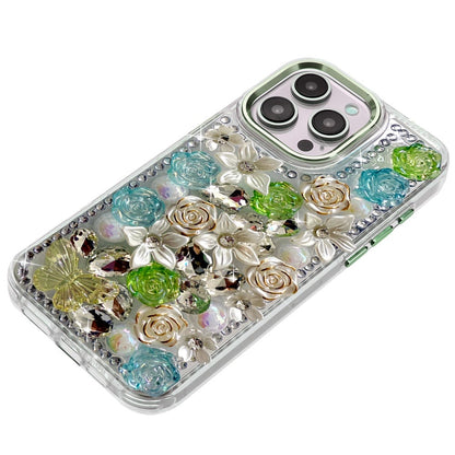 For iPhone 14 Pro Max (6.7") 3D Diamond Floral Roses Flower Bling Stone Hybrid, Sparkly Rhinestone Gemstone Back Shockproof Case Cover Green