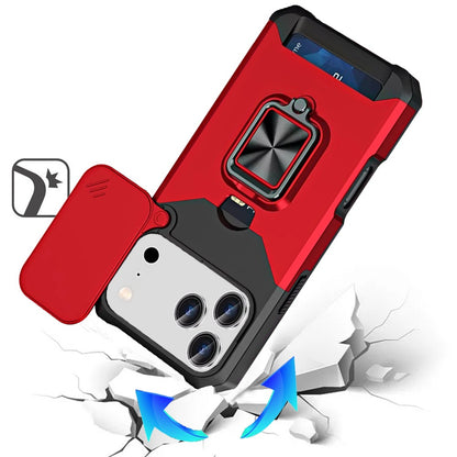 For Apple iPhone 17 Pro (6.3") Wallet Case with Ring Stand & Slide Camera Cover Back Credit Card Slot Holder, Military Grade Case Cover