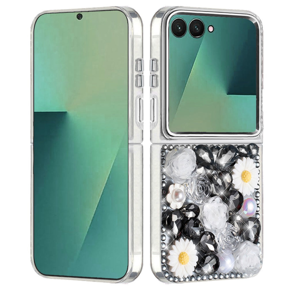 For Samsung Galaxy Z Flip 7 Fashion Daisy Floral Series, Full 3D Bling Crystal Diamonds Sparkling Rhinestone Glitter Hybrid Design Case Cover