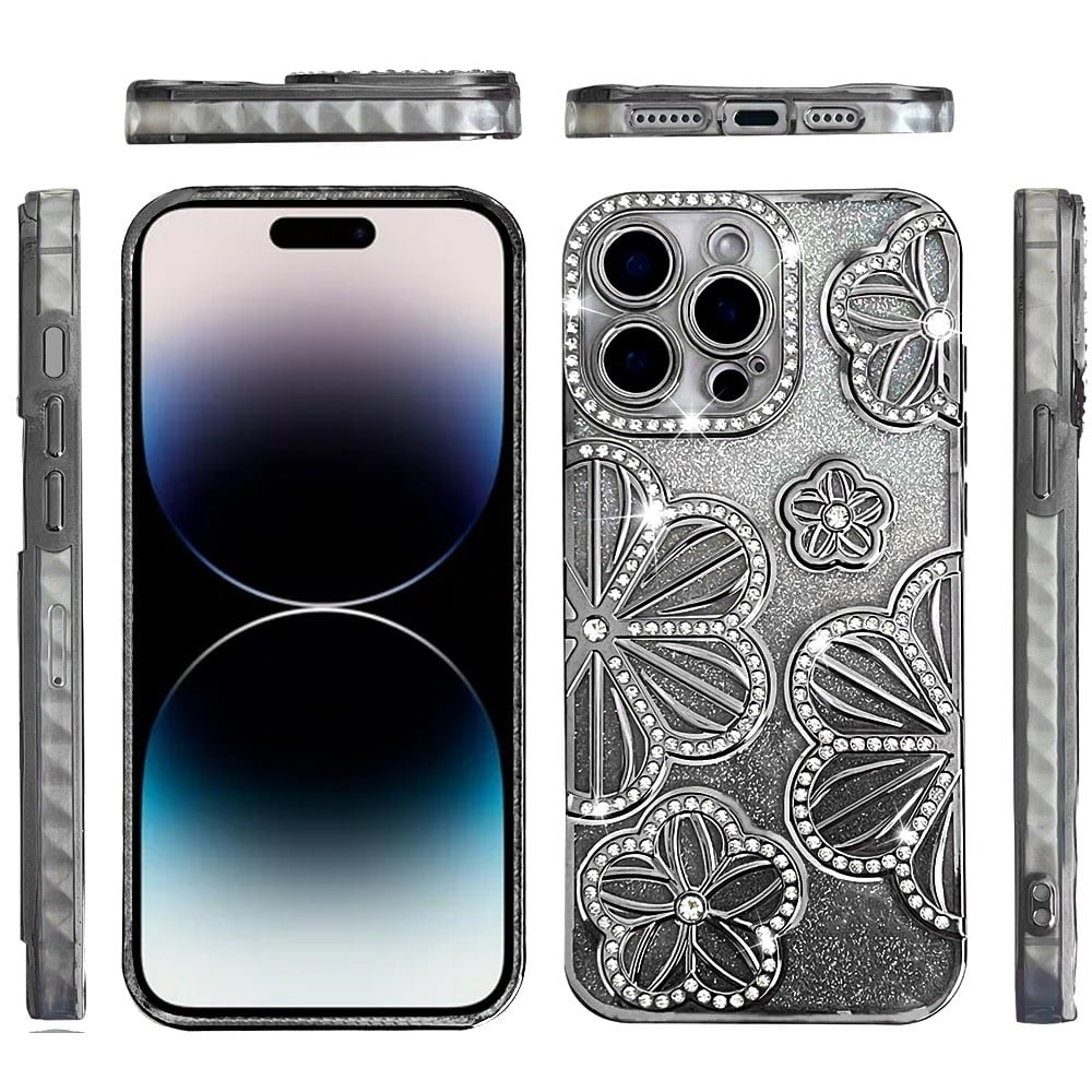 For iPhone 14 Pro Max (6.7") Luxury Flower Design Sparkle Glitter Diamond Rhinestone Shimmer Bling Plating Thick TPU Hard PC Case Cover