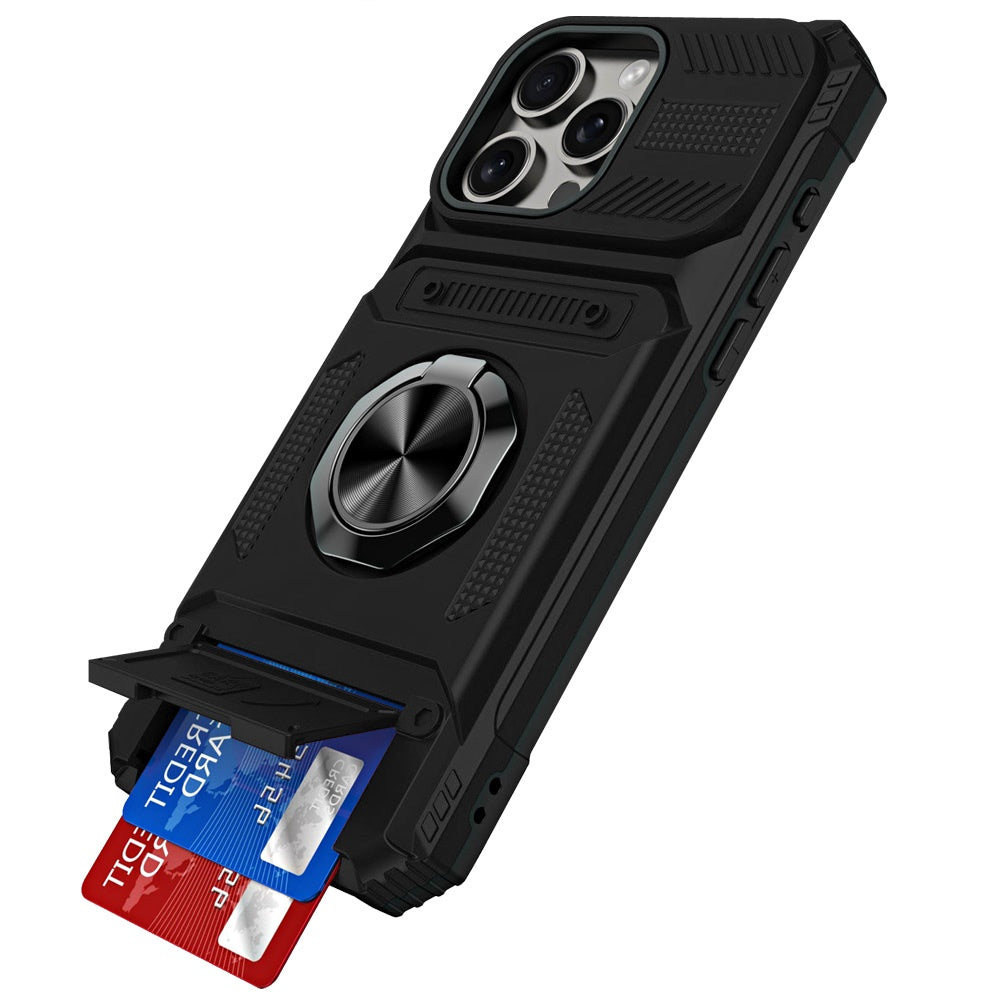 For iPhone 16 Pro Max (6.9") 2X Card Slot Metal Ring Stand Hybrid Shockproof Heavy Duty Drop Protection Multi Functional Design Case Cover Black