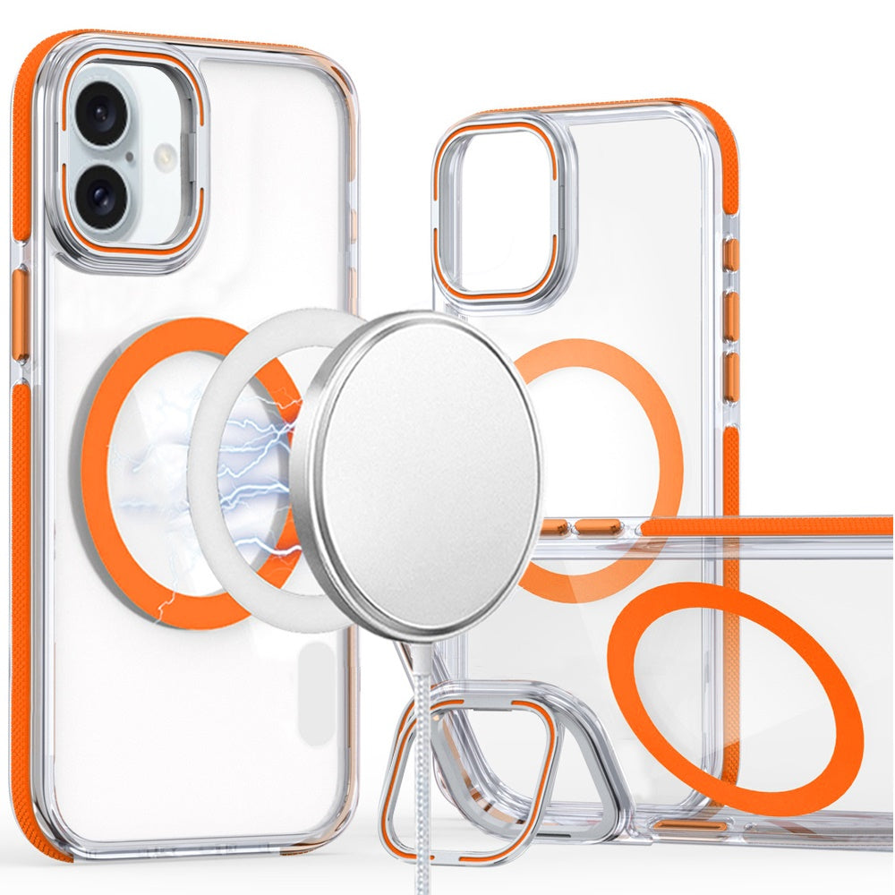 For Apple iPhone 17 (6.3") Hybrid Clear Back Case with Invisible Camera Bracket Stand, MagSafe Magnetic Circle, Shockproof Color Frame Case Cover Cosmic Orange