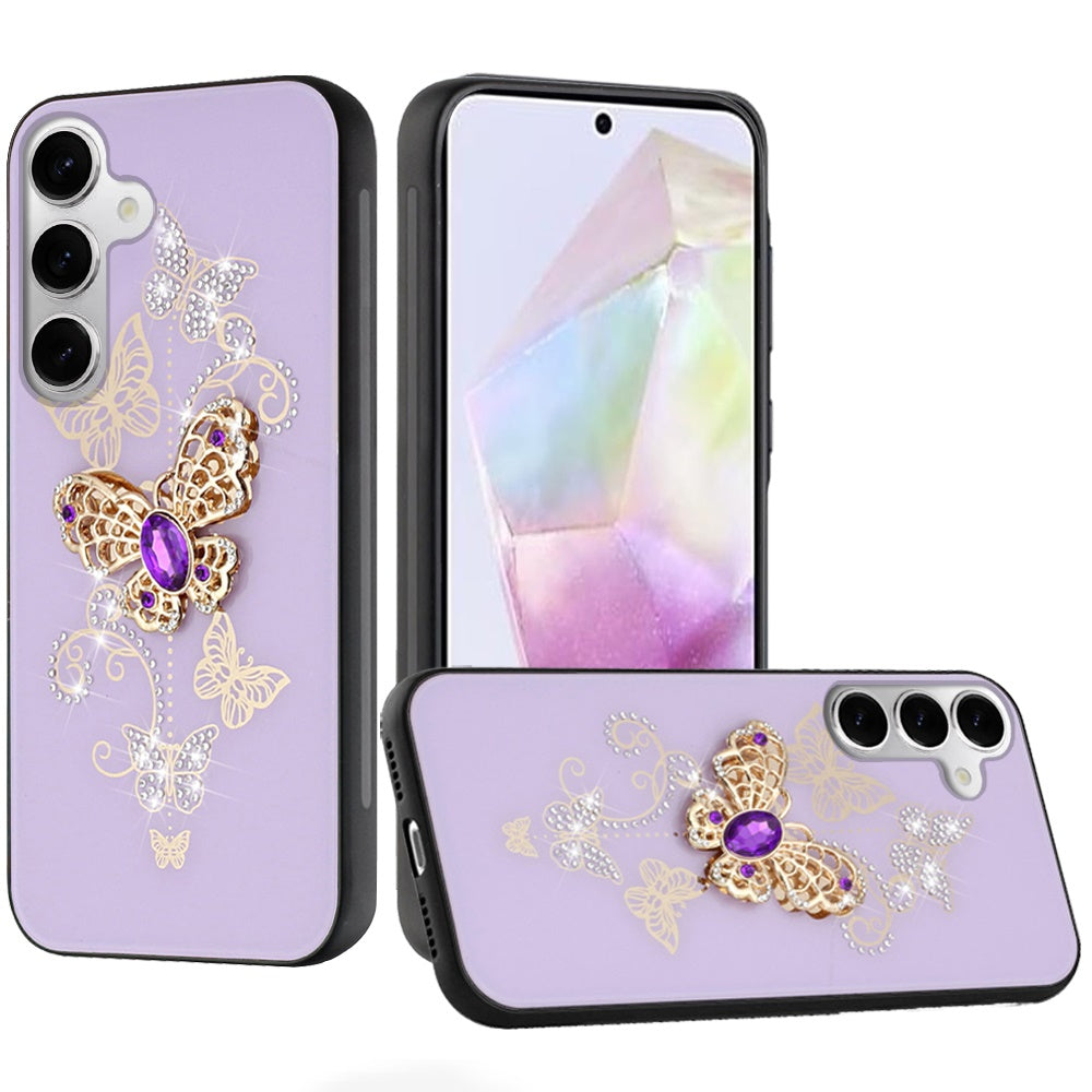 For Samsung Galaxy A36 Diamonds 3D Butterfly Bling Sparkly Glitter Ornaments Engraving Hybrid Metal Fashion Case Cover Purple Garden Butterflies