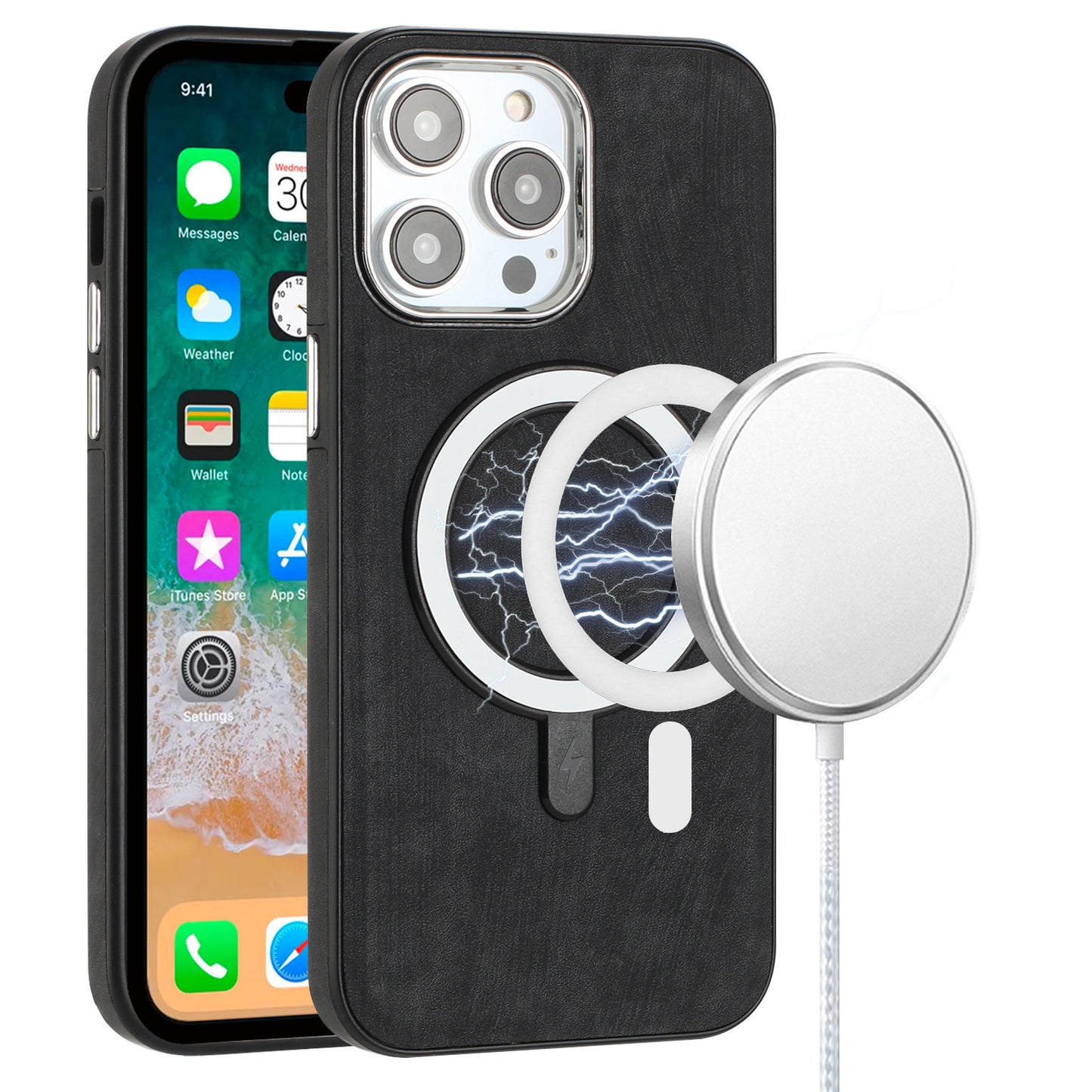 For Apple iPhone 17 AIR Fashion PU Vegan Leather Chrome Edge Hybrid, MagSafe Compatible, Durable TPU Hard PC Case Cover Black