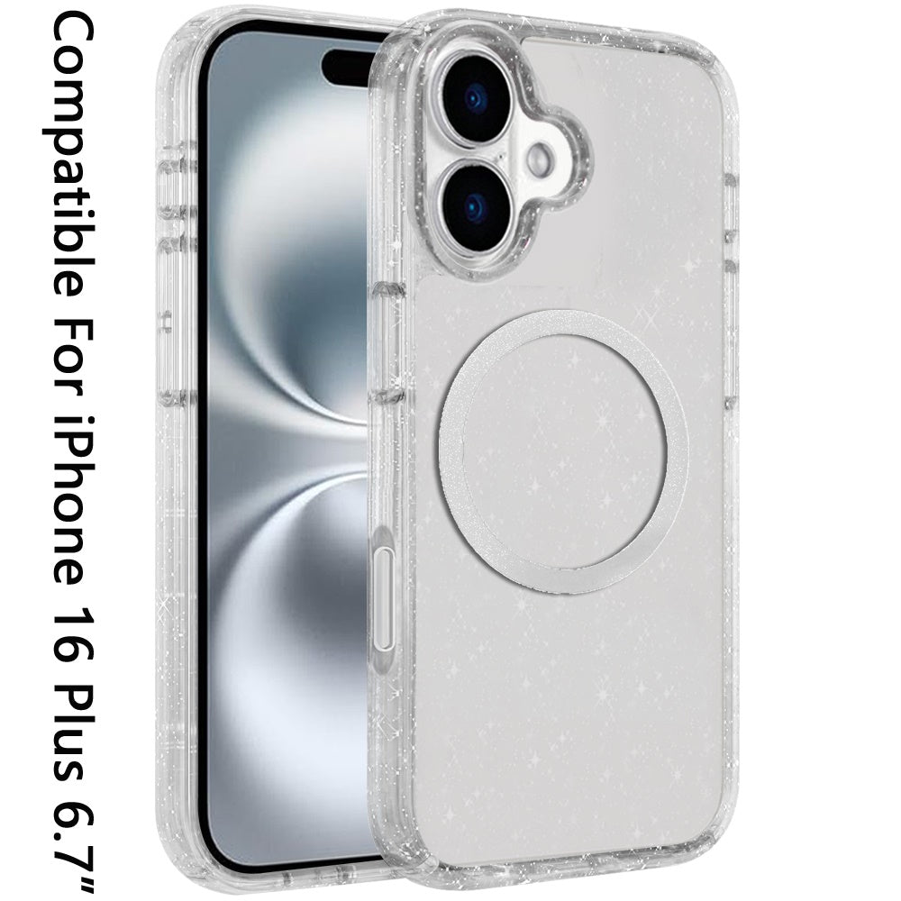 For Apple iPhone 16 Plus (6.7") Transparent Glitter Bling Sparkly Shiny Case Hybrid Magnetic Circle Compatible with MagSafe Shockproof Case Cover