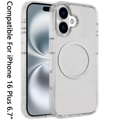 For Apple iPhone 16 Plus (6.7") Transparent Glitter Bling Sparkly Shiny Case Hybrid Magnetic Circle Compatible with MagSafe Shockproof Case Cover