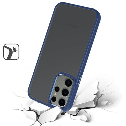 For Samsung Galaxy A17 5G Slim Fit Hybrid Transparent Thick Acrylic with Metal Buttons Frame Protective Hard PC + TPU Shockproof Case Cover Blue