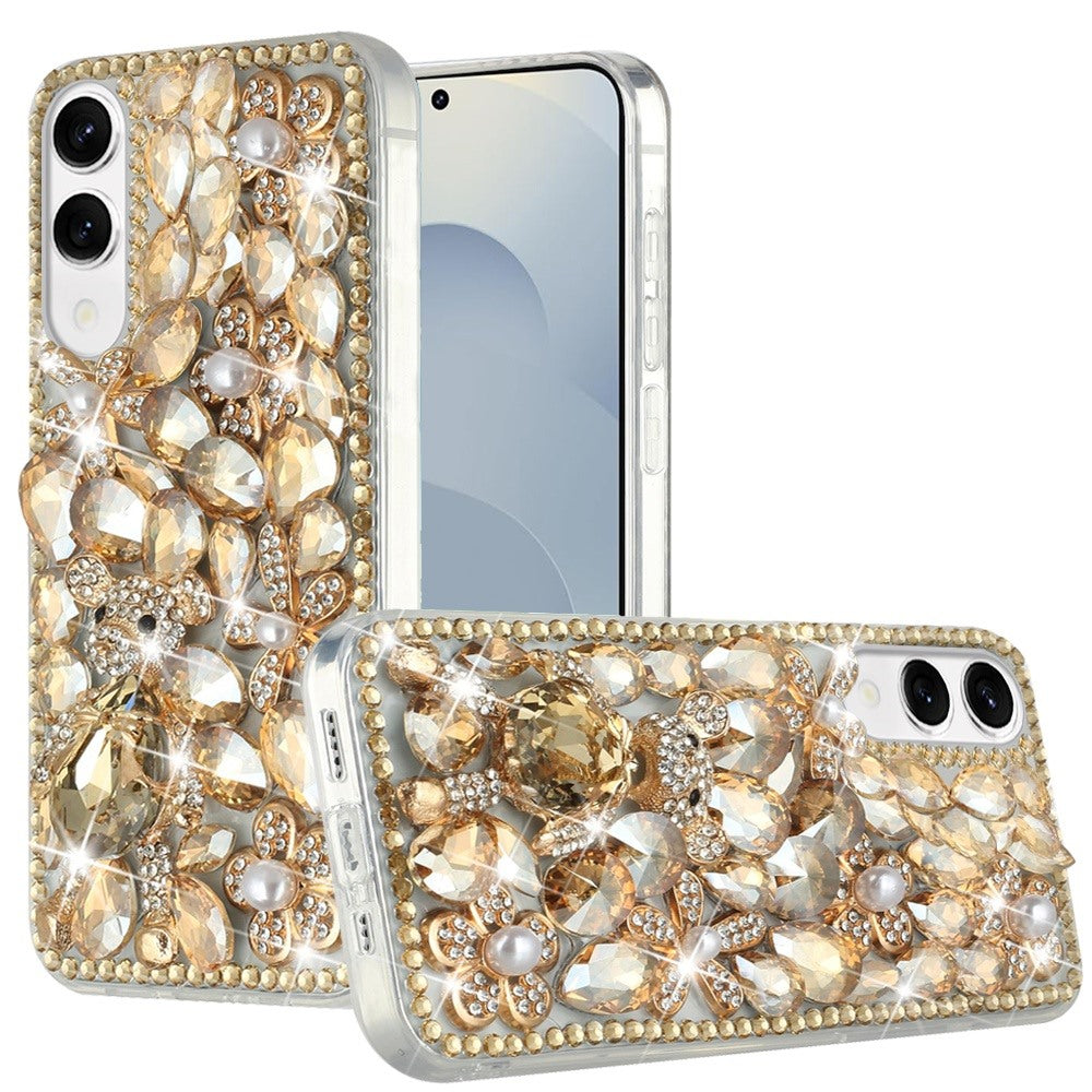 For Samsung Galaxy S25 Edge Bling Crystal 3D Full Diamonds Luxury Sparkle Rhinestone Hybrid Protective Case Cover Gold Panda Floral