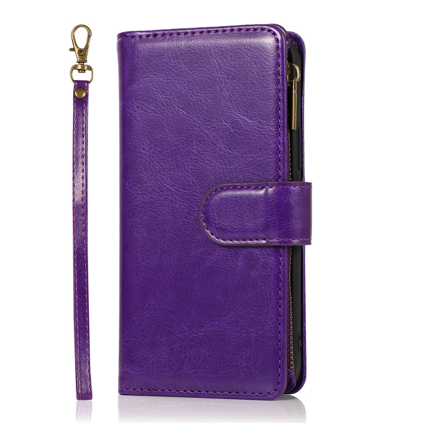 For Apple iPhone 16 Pro Max (6.9") Leather Zipper Wallet Case 9 Credit Card Slots Cash Money Pocket Clutch Pouch Stand & Strap Case Cover Purple
