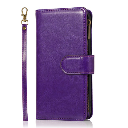 For Apple iPhone 16 Pro Max (6.9") Leather Zipper Wallet Case 9 Credit Card Slots Cash Money Pocket Clutch Pouch Stand & Strap Case Cover Purple