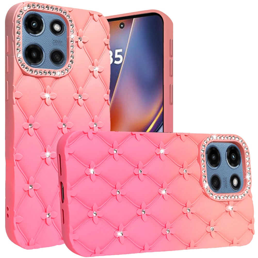 For Motorola Moto G Power 5G 2025 Fashion Flower Design Sparkle Glitter Shimmer Rhinestone Bling Floral Accents, Leather Texture TPU Case Cover