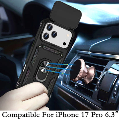 For Apple iPhone 17 Pro (6.3") Hybrid Ring Shockproof with 360° Rotate Ring Kickstand, Camera Lens Protection, Soft Edge Bumper Case Cover
