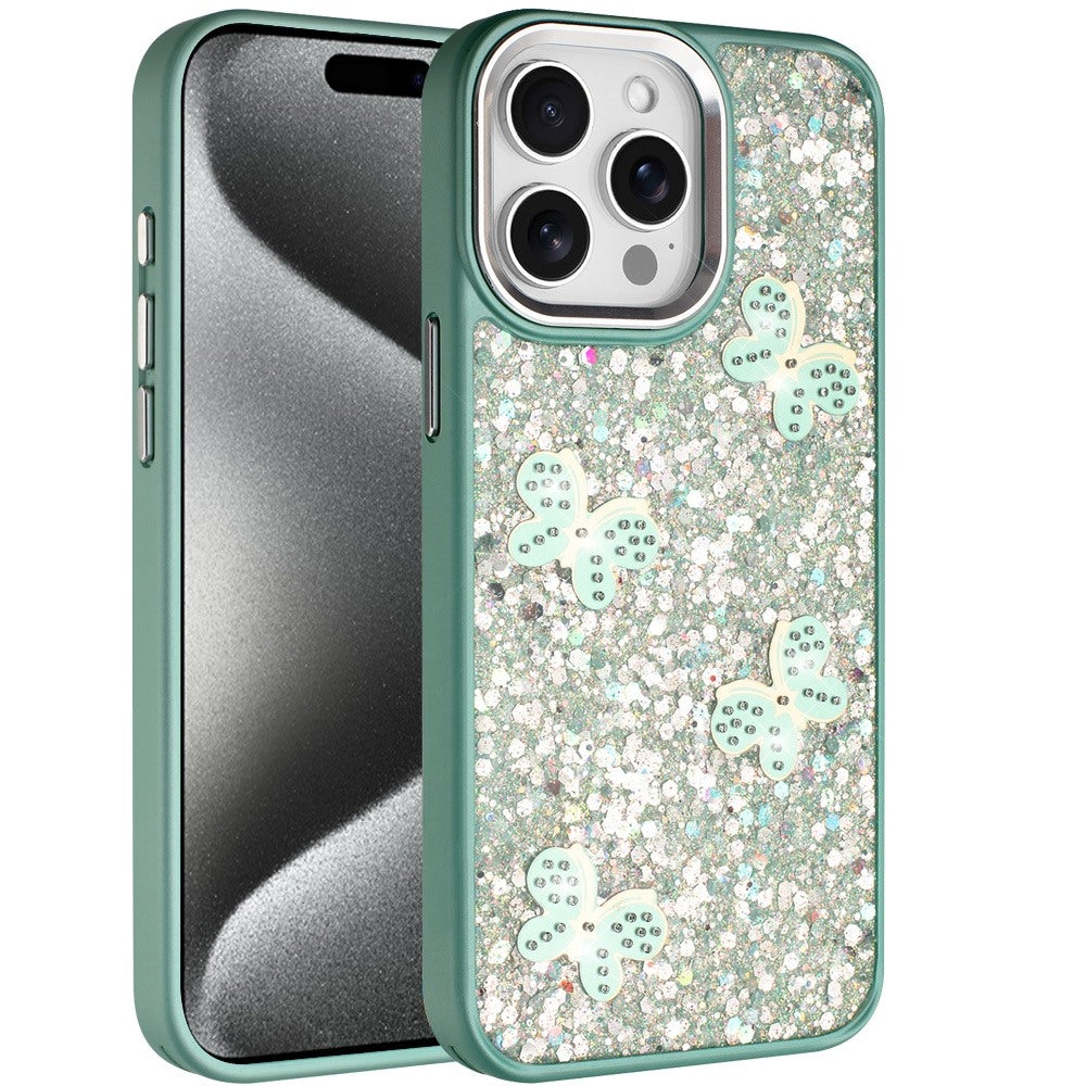 For Apple iPhone 15 Pro Max Cute Butterfly Crystal Diamond Glitter Case Sparkle Bling Frame Metallic Edges, Shimmer TPU Hybrid Case Cover