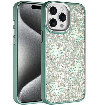 For Apple iPhone 15 Pro Max Cute Butterfly Crystal Diamond Glitter Case Sparkle Bling Frame Metallic Edges, Shimmer TPU Hybrid Case Cover