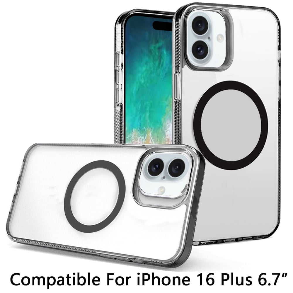 For Apple iPhone 16 Plus MagSafe Compatible Integrated Technology Clean Transparent Hybrid Armor TPU Frame Case Cover Black