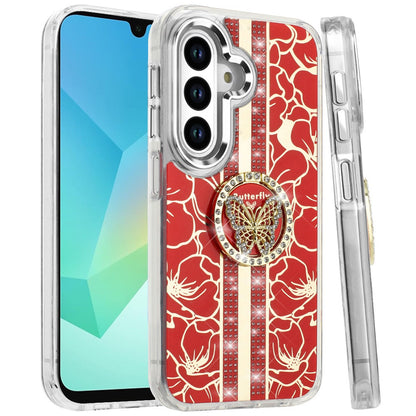 For Samsung Galaxy A16 5G Diamonds 3D Butterfly Floral Design Bling Sparkly Glitter Hybrid Metal Fashion with Ring Stand Case Cover