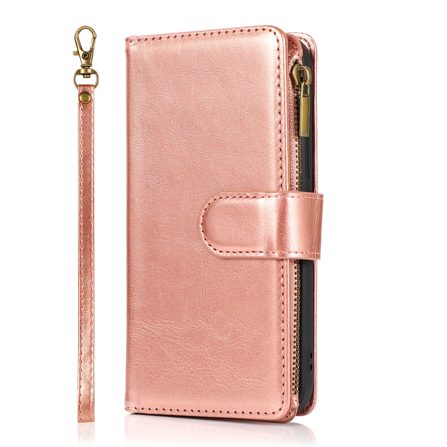 For Samsung Galaxy A37 Leather Wallet Case with Zipper, 9 Card Slots, Cash Pocket, Stand & Strap, Clutch Pouch Design Case Cover Rose Gold