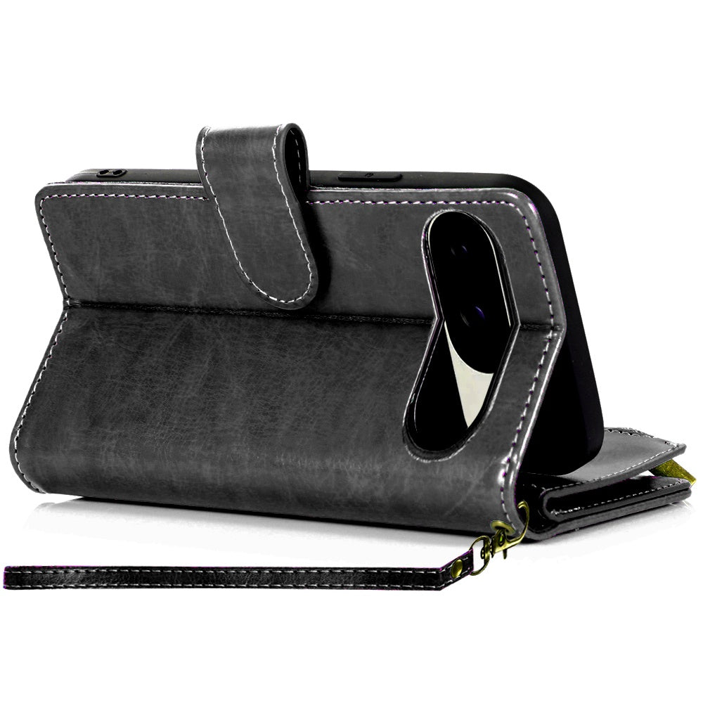 For Google Pixel 9 Pro XL Leather Wallet Case with Zipper, 9 Card Slots, Cash Pocket, Stand & Strap, Clutch Pouch Design Case Cover Black