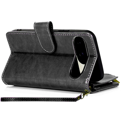 For Google Pixel 9 Pro XL Leather Wallet Case with Zipper, 9 Card Slots, Cash Pocket, Stand & Strap, Clutch Pouch Design Case Cover Black