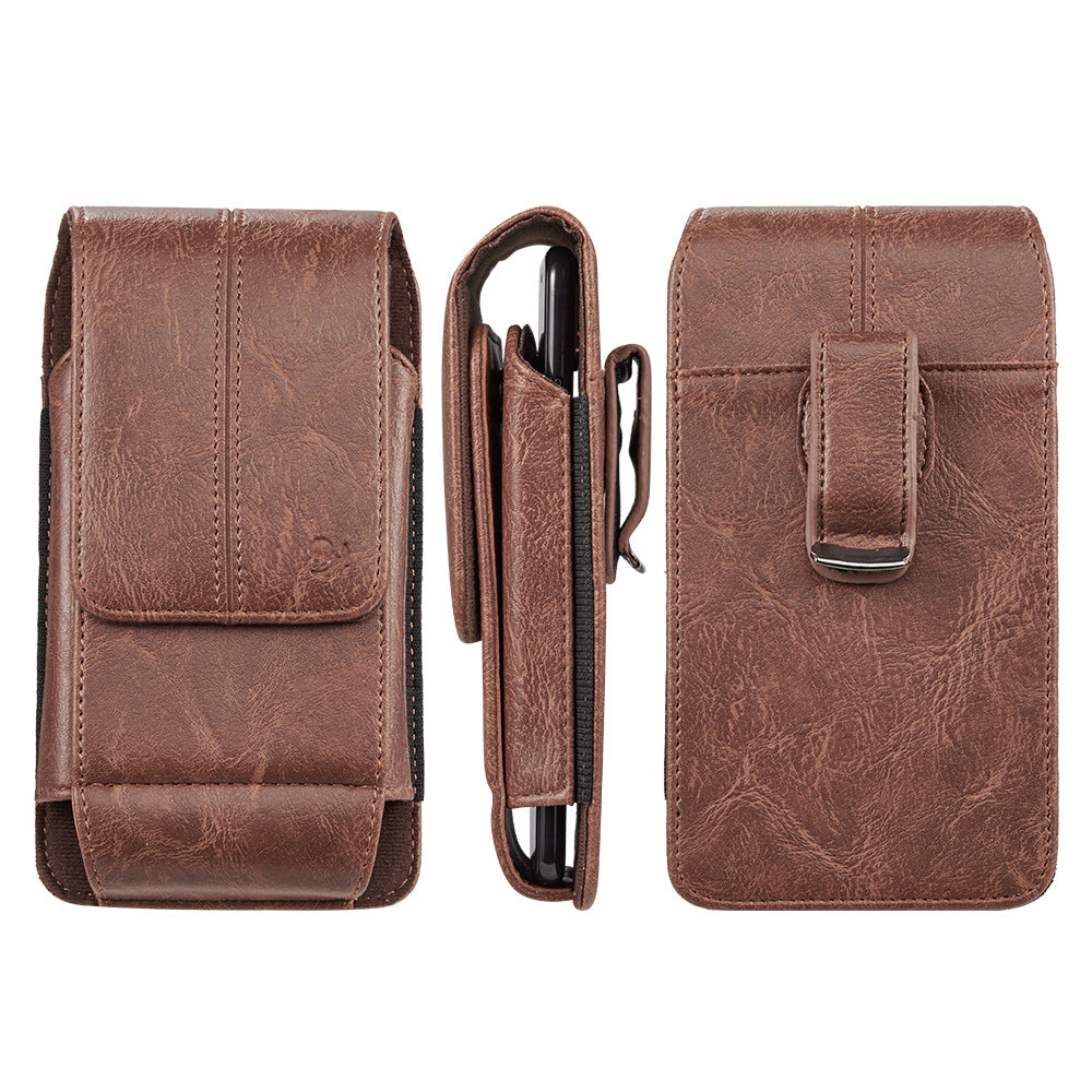 For Apple iPhone 16 Pro (6.3") Universal Vertical Leather Case Holster with 360° Rotation Belt Clip & Credit Card Slots Holder Phone Carrying Phone Waist Pouch [Brown]