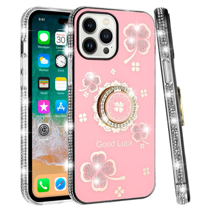 For Apple iPhone 12 Pro Max Diamonds Bling All Around Edges Sparkly Glitter Hybrid with Ring Stand Holder Fashion Good Luck Case Cover
