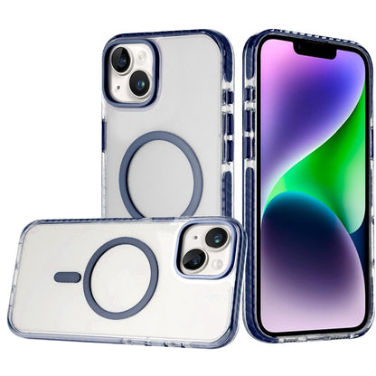 For Apple iPhone 17 Pro Max Transparent Hybrid with Color-Matched Magnetic Circle, Rubber TPU Frame Hard PC Shockproof Case Cover Blue