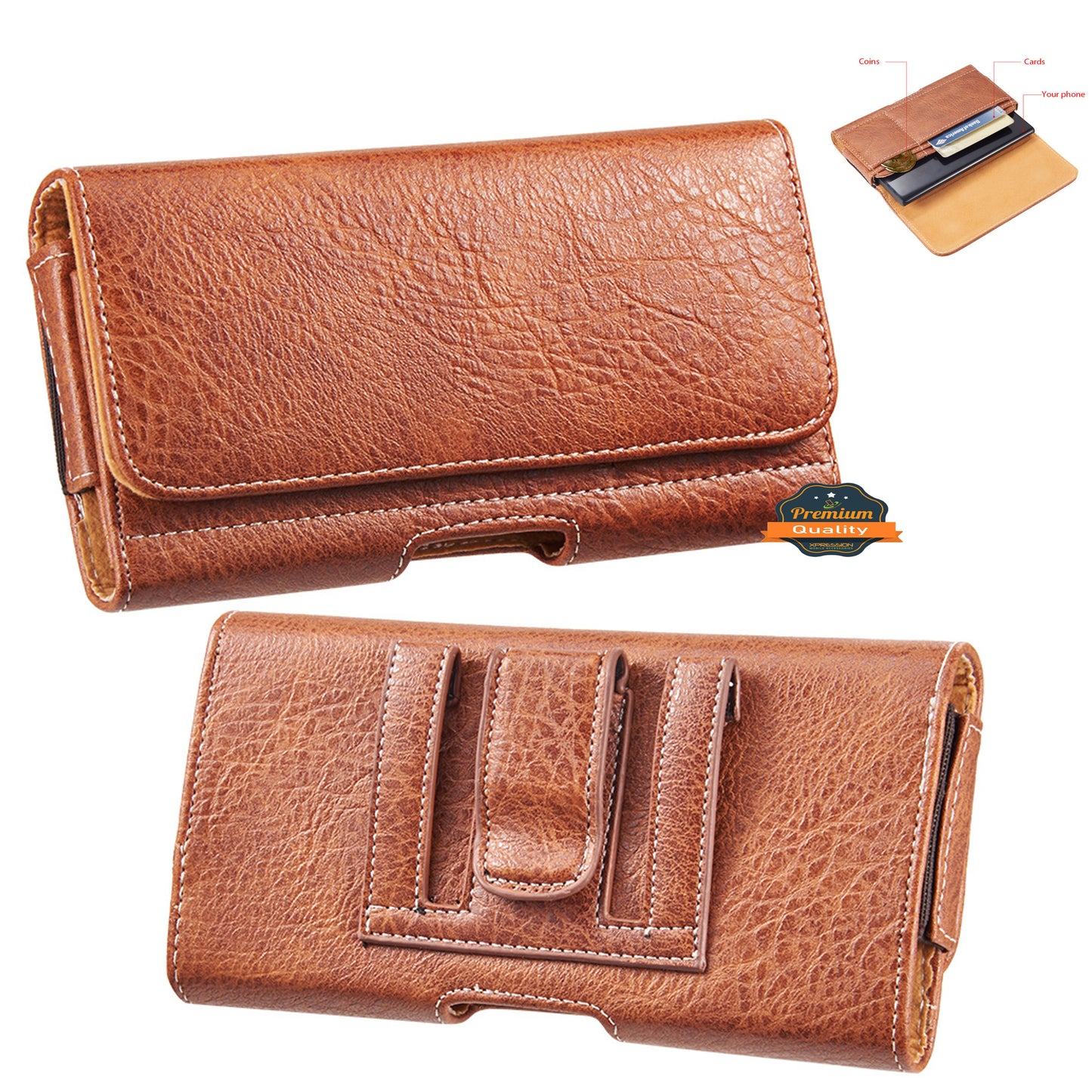 For Apple iPhone 16 (6.1") Universal Horizontal Cell Phone Leather Pouch Holster Carrying Case with Credit Card Slots & Belt Clip Loop Cover [Brown]