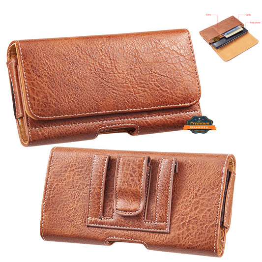For Apple iPhone 16 (6.1") Universal Horizontal Cell Phone Leather Pouch Holster Carrying Case with Credit Card Slots & Belt Clip Loop Cover [Brown]