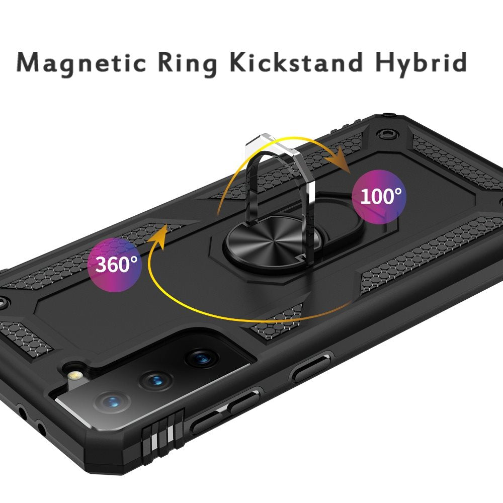 For Samsung Galaxy S21 Ultra Hybrid Shockproof Durable 360 Degree Rotatable Ring Stand Holder Kickstand Fit Magnetic Car Mount Case Cover Red