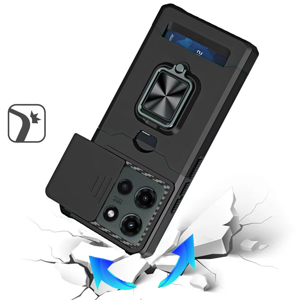 For Motorola Edge 2025 Wallet with Ring Stand & Slide Camera Cover Back Credit Card Slot Holder, Hard Shockproof Case Cover Black