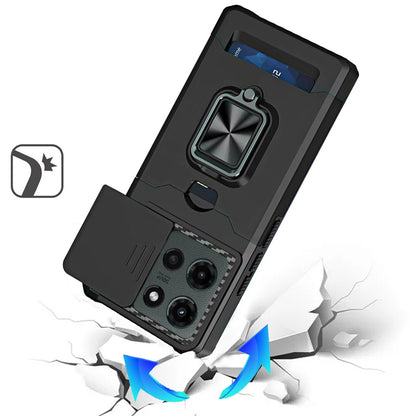 For Motorola Edge 2025 Wallet with Ring Stand & Slide Camera Cover Back Credit Card Slot Holder, Hard Shockproof Case Cover Black