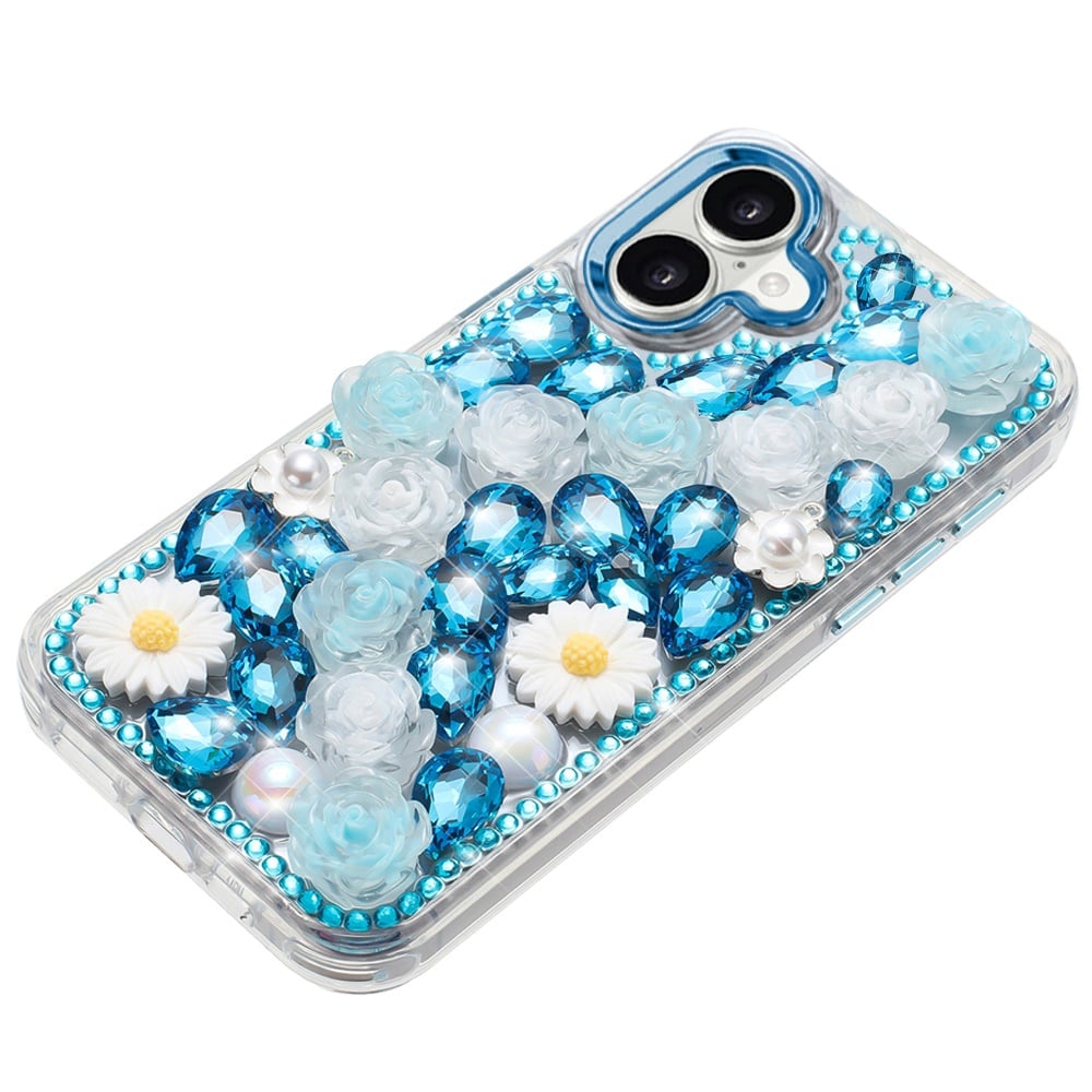 For Apple iPhone 17 (6.3") Fashion Daisy Floral Series, Full 3D Bling Crystal Diamonds Sparkling Rhinestone Glitter Hybrid Design Case Cover