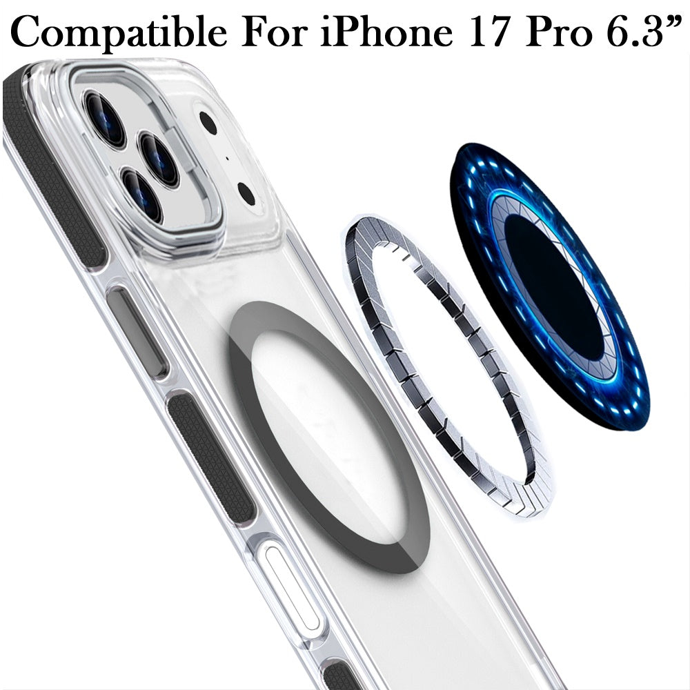 For Apple iPhone 17 Pro Hybrid Clear Back Case with Invisible Camera Bracket Stand, MagSafe Magnetic Circle, Shockproof Color Frame Case Cover Black