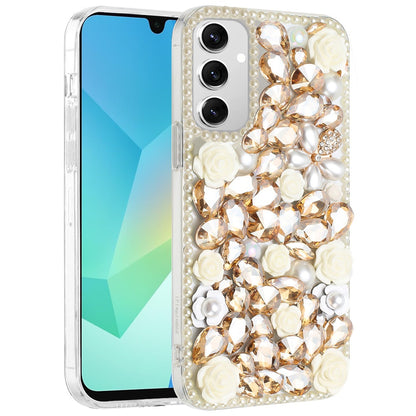 For Samsung Galaxy A16 5G Fashion Rose Flower Floral Bling Crystal 3D Full Diamonds Pearl Sparkle Rhinestone Glitter Hybrid Case Cover