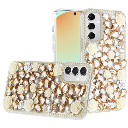 For Samsung Galaxy S24 Fan Edition /Galaxy S24 FE Fashion Rose Flower Floral Bling Crystal 3D Full Diamonds Pearl Sparkle Rhinestone Glitter Hybrid Case Cover Yellow