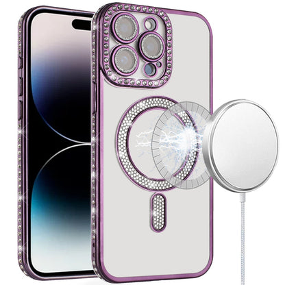 For Apple iPhone 15 Pro Max Bling Case with Diamond Magnetic Circle, Transparent Slim Shockproof Hybrid Slim Fit Case Cover