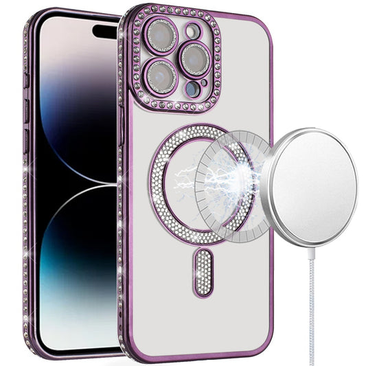 For Apple iPhone 15 Pro Max Bling Case with Diamond Magnetic Circle, Transparent Slim Shockproof Hybrid Slim Fit Case Cover